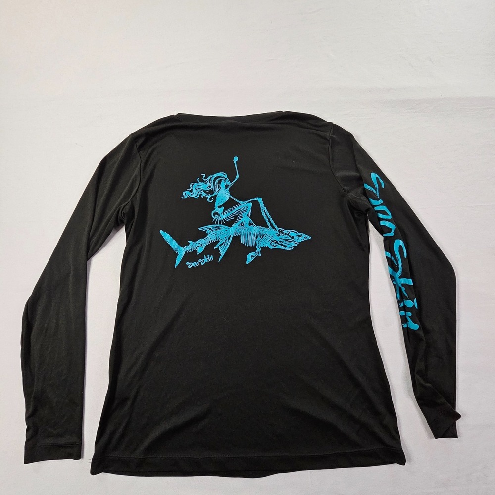 Sea Skin Mermaid Skeleton Black Long Sleeve V-Neck T-Shirt Women's L